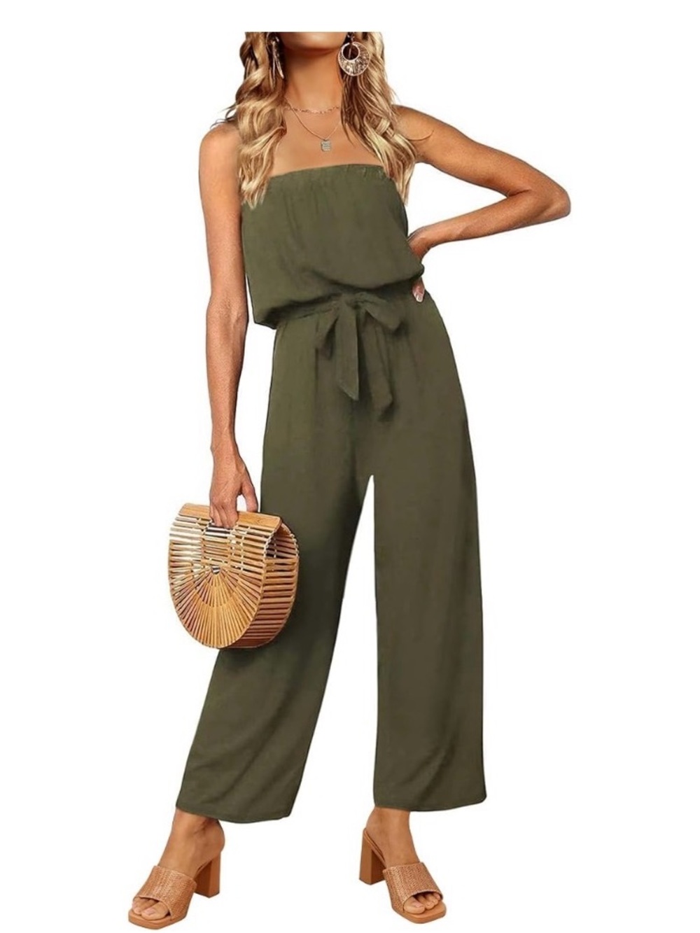 Olive Strapless Wide-Leg Jumpsuit with Tie Waist